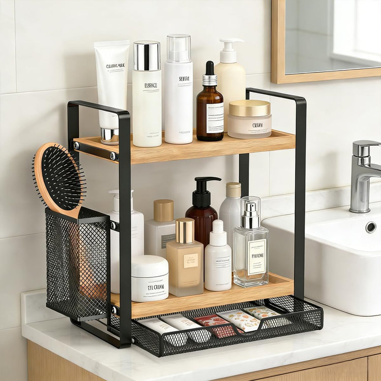 2 Tier Spice Rack Organizer for Countertop with Drawer and Basket