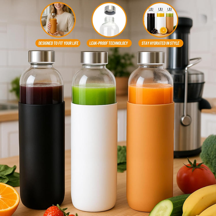 32 oz Clear Glass Bottles with Lids and Silicone Sleeve, Reusable Refillable Water Bottles for Juicing, Refrigerator,100% Leak Proof, BPA Free, Juice Glass Set of 3