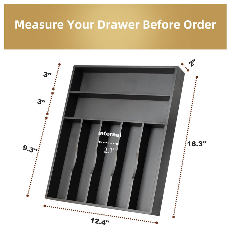 Bamboo Silverware Holder Drawer Utensil Organizer with 7 Slots Black