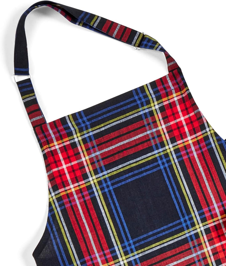 Solino Home Linen Bib Apron for Men & Women - Black Plaid Kitchen Apron with Front Pockets - Handcrafted from European Flax