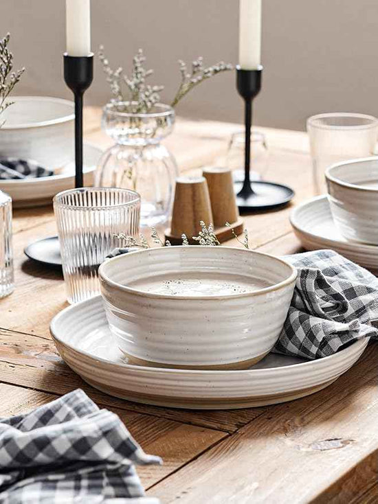 LE TAUCI Dinnerware Sets 16 PCS, Stoneware Plates and Bowls Set, House Warming Wedding Present, Serve for 4 (10" Dinner Plates + 8" Salad Dish + 28 oz Cereal Bowl+12oz coffee mugs) x 4, Arctic White