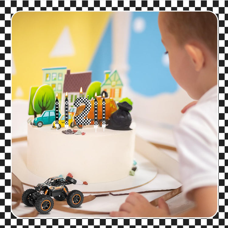 13 Pcs Racing Cars Themed Birthday Candles Black and White Race Number 2 Checkered Candle Cake Topper for Racing Car Party Decoration Supplies (13 Count)