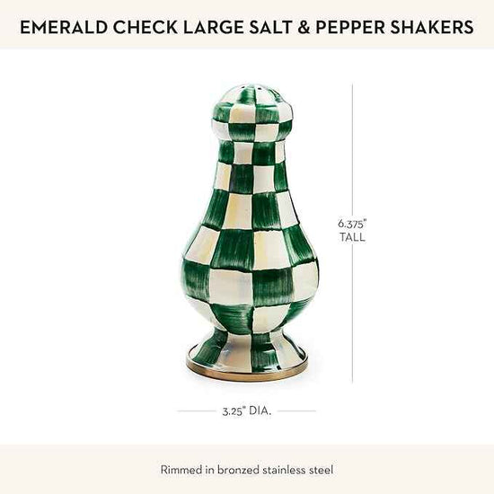 MACKENZIE-CHILDS Enamel Salt and Pepper Shakers, Kitchen Table Spice Shaker Set, Green-and-White Emerald Check, Large