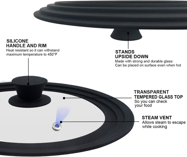 Universal Lid for Pots, Pans and Skillets & Frying Pan - Small Pan lids Fits 6.5", 7" and 8" Diameter Cookware - Tempered Glass with Heat Resistant Silicone Rim