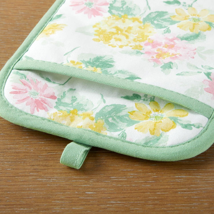 Martha Stewart Amber Floral Oven Mitt & Pot Holder Set 2-Pack, Pink/Yellow, OM: 7"x13" & PH: 7"x10"