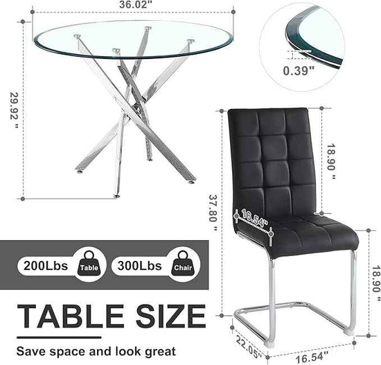 AF ARTISAN FURNITURE 5 Piece Round Glass Dining Table Set, Silver Glass Kitchen Table Set for 4 Modern Table Set with 4 Black PU Upholstered Dining Chairs, for Small Space, Breakfast Nook