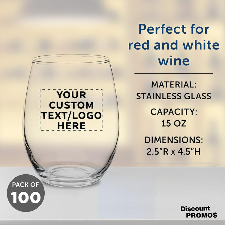 Custom Stemless Wine Glasses by ARC Perfection 15 oz. Set of 100, Personalized Bulk Pack - Restaurant Glassware, Perfect for Red Wine, White Wine, Cocktails - Clear