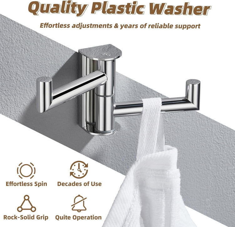 APLusee Double Swivel Towel Hook Wall Mounted, 304 Stainless Steel Folding Coat Hook with 2 Rotating Arms, Polished Chrome