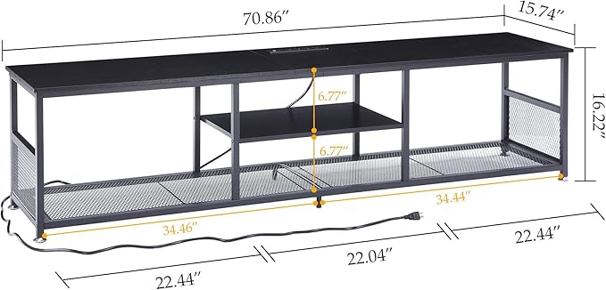 VECELO TV Stand with Power Outlets for Televisions up to 80Inch, 70" Media Entertainment Center with Charging Station 3-Tier Open Storage Shelves with Metal Frame for Living Room/Bedroom，Black