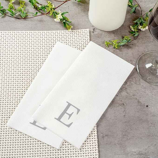Luxenap 15.8 X 7.9 Inch Linen-Feel Guest Towels, 2000 Lettered Hand Towels - Silver Letter 'E', Sans Serif Font, White Paper Dinner Napkins, airlaid, For Restrooms And Tables - Restaurantware