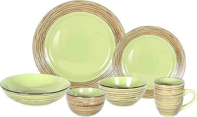 48 Piece Dinnerware Set, Ceramic Plates and Bowls Sets for 8, Microwave and Dishwasher Safe, Handcrafted Tree Bark Series Dish Set, Oak Forest/Dark Green
