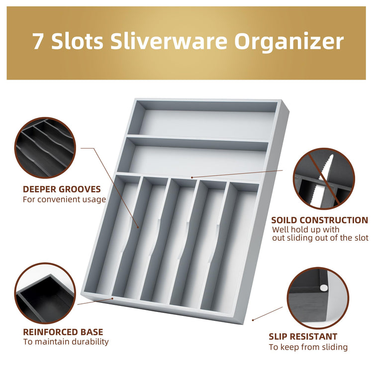 Bamboo Silverware Holder Drawer Utensil Organizer with 7 Slots Gray