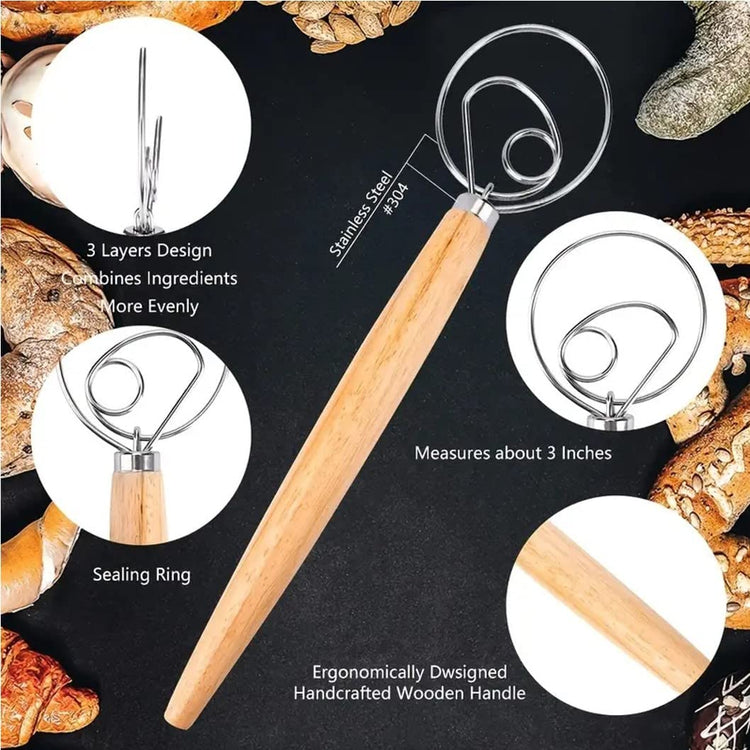 Danish Dough Whisk 13" Stainless Steel Bread Whisk Bread Making Tools Danish Dough Hook Bread Dough Mixer Hand Bread Dough Whisk for Pastry
