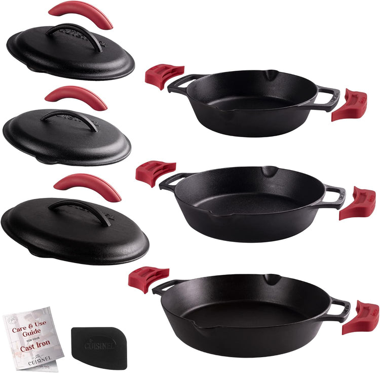 Cast Iron Skillet + Cast Iron Lid Set - 8"+10"+12" Dual Handle Frying Pans + Pan Scraper + Silicone Handle Holder Covers - Pre-Seasoned Indoor/Outdoor, Grill, Stovetop, Induction, Oven Safe Cookware - Nestoria