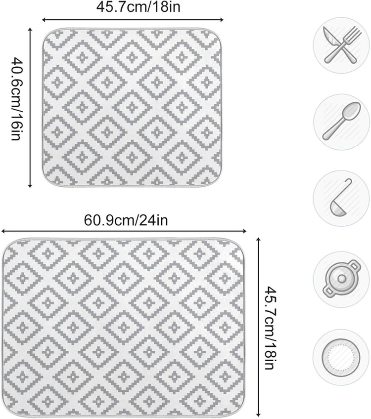 Super Absorbent Dish Drying Mat, Microfiber Fast-Drying Dish Mat, 24" x 18, Kitchen Dish Drying Pad, White Moroccan Rhombus Plaid