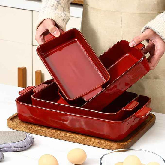 VICRAYS Ceramic Bakeware Set, Porcelain Rectangular Lasagna Pans Casserole Dish Set for Baking, Cooking, Kitchen, Cake Dinner, Banquet and Daily Use, 4 PCS, Cherry Red(9.52"/11.06"/11.77"/14.56")