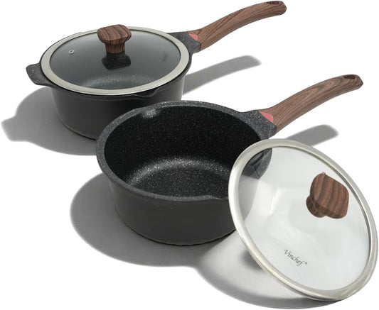 Vinchef New Nonstick Sauce Pot Set with Lids, 3QT Saucepan & 4QT Saucepot,Dishwasher Safe,Induction Compatible, Scratch/Stain Resistant, Stay-Cool Handles, PFAS-Free, Black - Nestoria