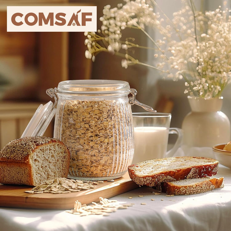 ComSaf Airtight Glass jar with lid 26oz Set of 6, Glass Storage Containers with Lids, Glass Canister, Mason Jars, Striped Clip Fastening Jar for Kitchen Canning, Oat, Coffee, Pasta, Snack, Nut, Candy
