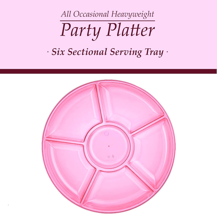 Plasticpro 6 Sectional Round Plastic Serving Tray/Platters Pink Pack of 8