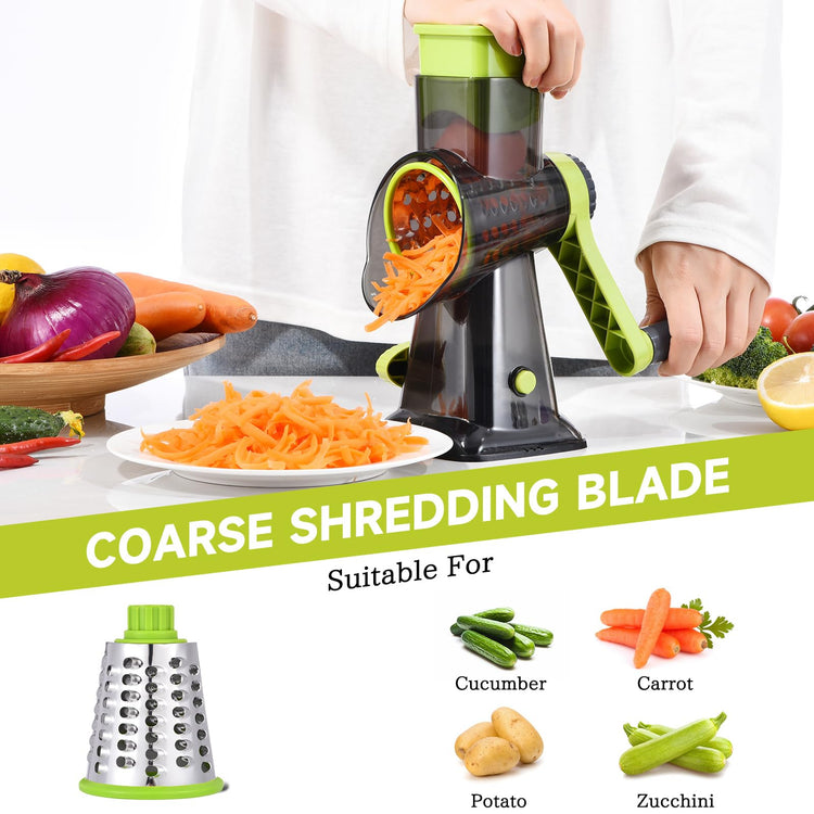 Rotary Cheese Grater with Handle Kitchen Shredder Slicer Grater Slicer Ice Shaver Cheese Vegetable Nuts Potato Zucchini Chocolate 3 Interchangeable Blades