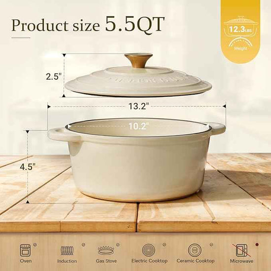 Overmont Enameled Cast Iron Dutch Oven - 5.5QT Pot with Lid Cookbook & Cotton Potholders - Heavy-Duty Cookware for Braising, Stews, Roasting, Bread Baking Cream White