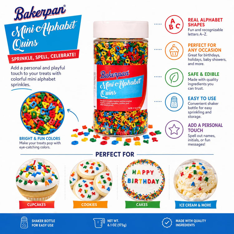 Quins Alphabet Sprinkles for Cake Decorating (6.1 Ounce)