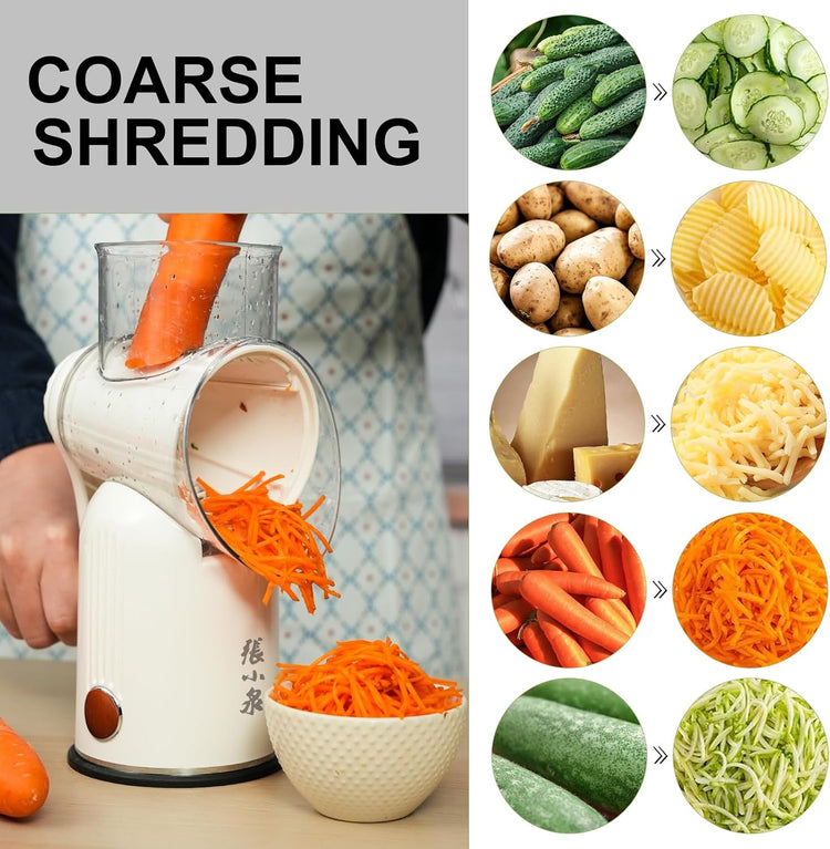 ZHANG XIAO QUAN SINCE 1628 5-in-1 Interchangeable Blades Rotary Cheese Grater Hand Crank, Cheese Shredder Mandoline Vegetable Julienne Slicer Cutter Nut Chopper with Anti-Slip Base, Blade Storage