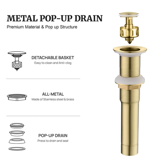 Pop up Sink Drain Stopper for Bathroom Vessel Vanity Sink Art Basin Brushed Gold