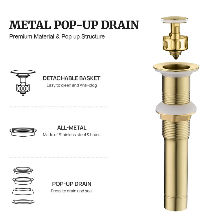 Pop up Sink Drain Stopper for Bathroom Vessel Vanity Sink Art Basin Brushed Gold