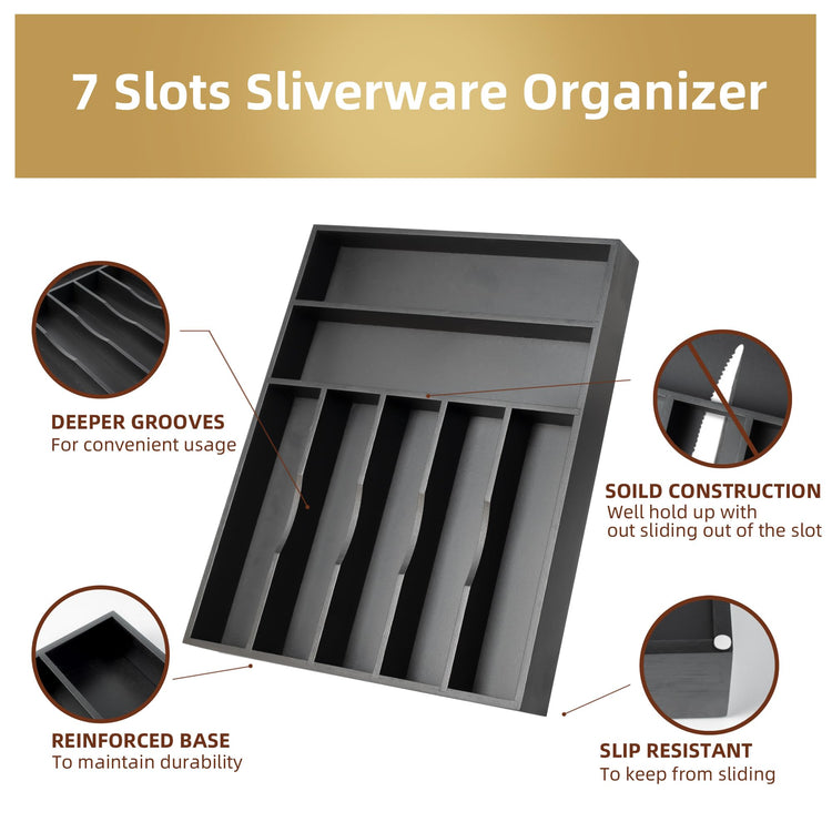 Bamboo Silverware Holder Drawer Utensil Organizer with 7 Slots Black