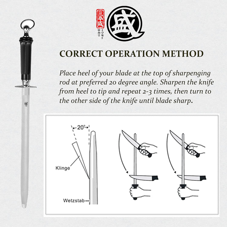 MITSUMOTO SAKARI 10 inch Japanese Honing Steel - Round Diamond Knife Sharpening Rod, Professional High Carbon Sharpener with ABS Handle & Powerful Magnet