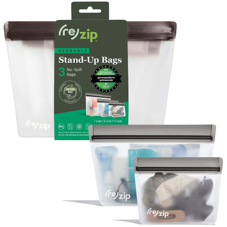 re) zip 3-Piece Stand-Up Reusable Bag Kit | BPA-Free, Food Grade, Leakproof, Travel Friendly, Freezer and Dishwasher Safe | Quart (1), 2-Cup (1), Snack Size (1) | Gray