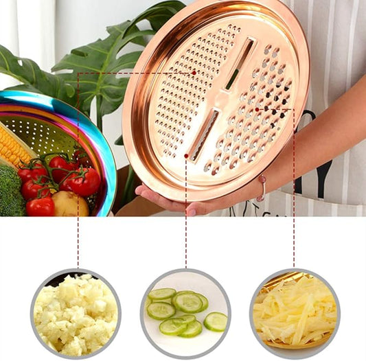 3-In-1 Multifunctional Grater Basin Colander Strainer Set, Mingcheng Stainless Steel Kitchen Grater/Drain Basket/Bottom Basin for Washing Rice, Fruits, Vegetable, Grater with Container (Silver)