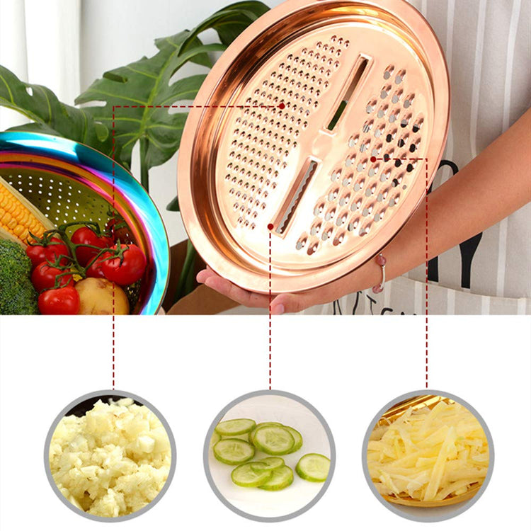 3-In-1 Multifunctional Grater Basin Colander Strainer Set, Mingcheng Stainless Steel Kitchen Grater/Drain Basket/Bottom Basin for Washing Rice, Fruits, Vegetable, Grater with Container (Rainbow) (3 Count)