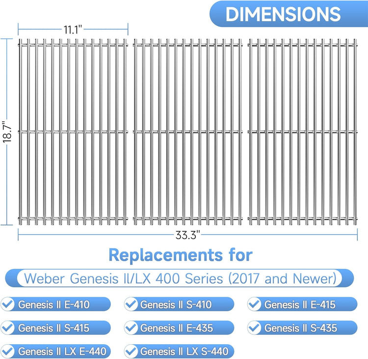 3Pack Stainless Steel Replacement Grill Parts for Weber Genesis 2 GS4 Grates 66089 66097 LX 400 SER GBS S-435, Weber Genesis II E-410, E-435, S-435, SE-410, Kitchen-aid 720-0856V 740-0781