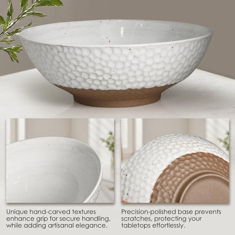 Wotalation Large White Ceramic Salad Serving Bowl - 9.4 Inch Party Bowl for Holidays, Fruit Bowl with Bamboo Utensils (57.4oz), Microwave & Dishwasher Safe