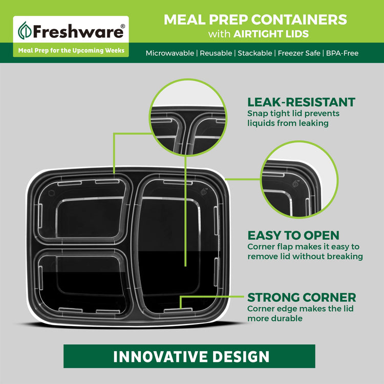 Meal Prep Containers with Lids [15 Pack] 3 Compartment (15 Count)