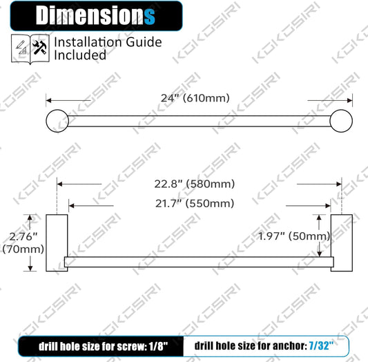 KOKOSIRI Towel Bar Brushed Nickel 24-Inch Bathroom Towel Holder Single Rack Bathroom Hardware Accessories Wall Mounted Stainless Steel, B4007BR-L24