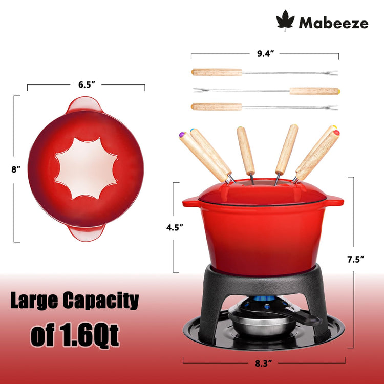 Cast Iron Fondue Pot Set Red Enameled 1.6 Qt for Cheese