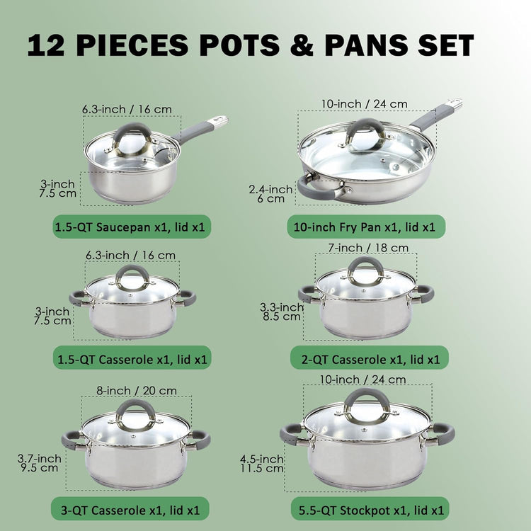 Cook N Home Kitchen Cookware Set, 12-Piece Basics Stainless Steel Pots and Pans Set with Grey Silicone Handle, Silver