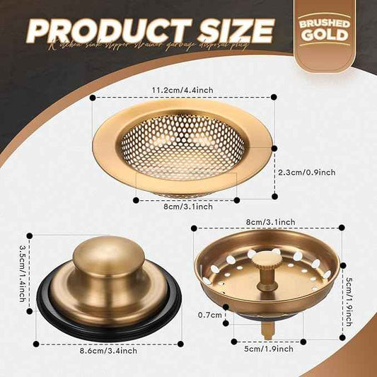 Mudder 3 Pcs Kitchen Sink Drain Strainer and Stopper Stainless Steel Garbage Disposal Plug with Handle Universal Anti-Clogging Kitchen Sink Filter Sieve Basket Strainer (Champagne Bronze)