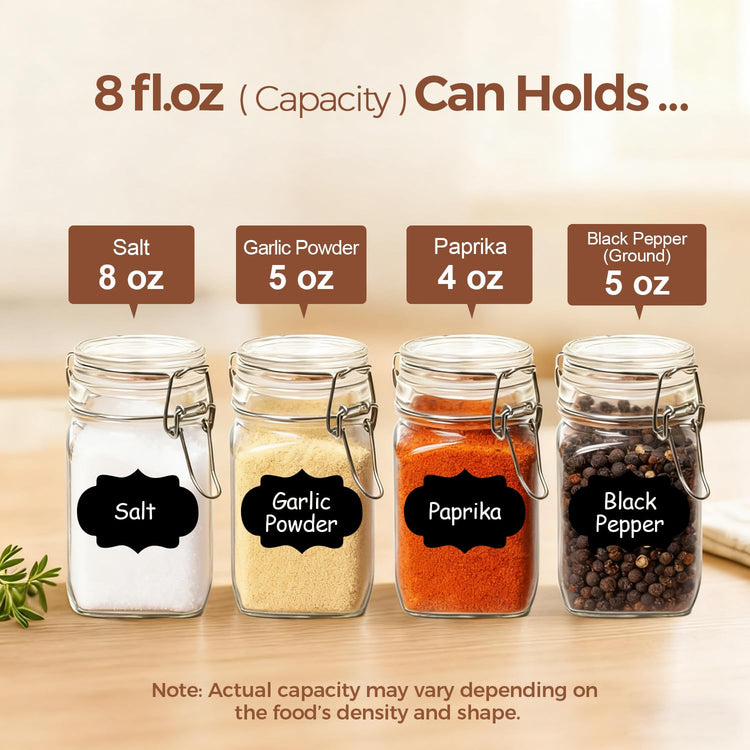 Square Small 8 oz Glass Spice Jars with Airtight Lids 6 Pack Pantry (6 Count)