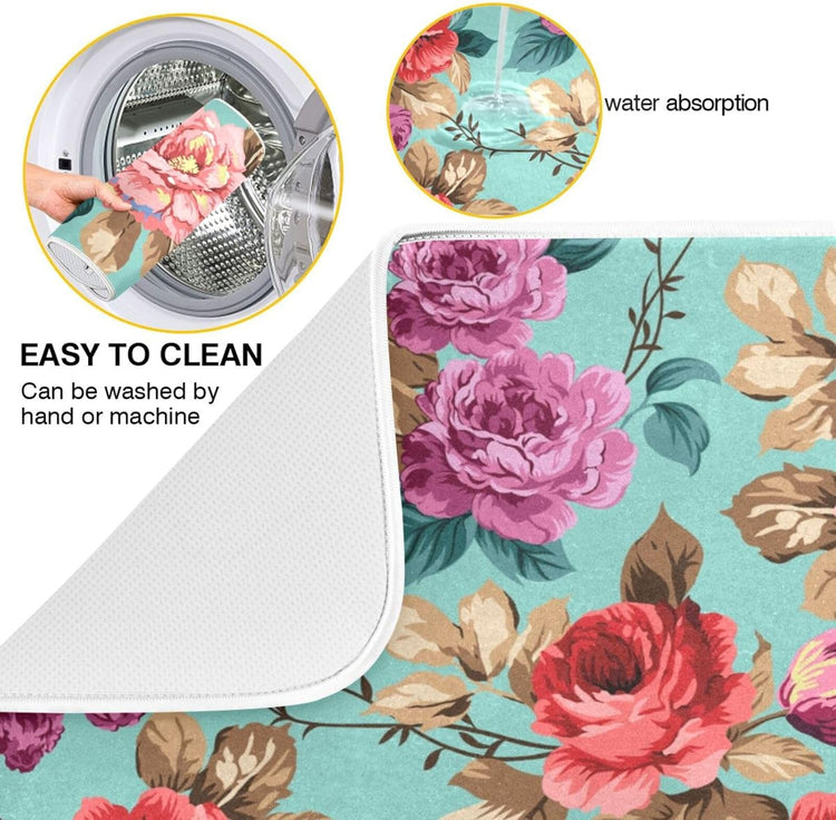 Colorful Flower Leaves Dish Drying Mat for Kitchen Counter Absorbent Microfiber Drying Pad, Large 18x24 in, Reversible Drainer Mats