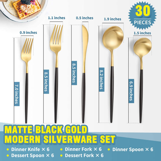 Matte Black Gold Silverware Set for 6 (30 Count)