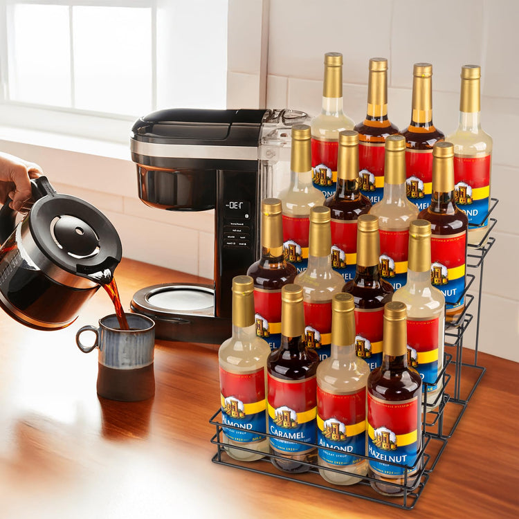 16 Bottle Capacity Coffee Syrup Organizer 4 Tier Coffee Syrup Stand Shelf for Coffee Bar Accessories for Coffee Bar Kitchen Small Wine Rack for Bar Family Storage for Syrup Wine Dressing (16 Count)