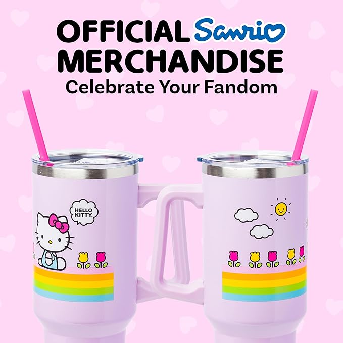 Silver Buffalo Sanrio Hello Kitty Spring and Summer Flowers Rainbow Stripes Double Walled Stainless Steel Tumbler with Handle and Straw, Fits in Standard Cup Holder, 40 Ounces