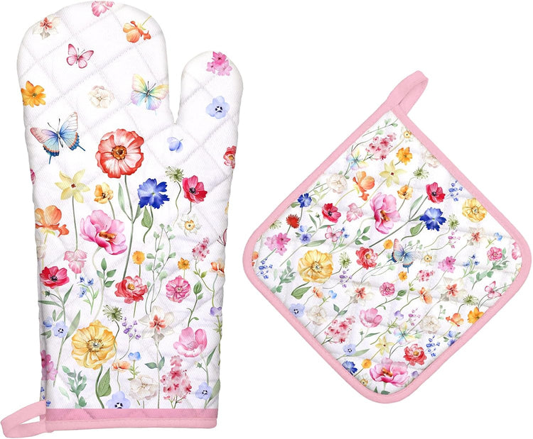 Wildflower Oven Mitts and Pot Holders Sets 2Pcs, 100% Cotton Heat Resistant, Extra Long Oven Gloves Potholder for Kitchen Cooking Baking Decoration