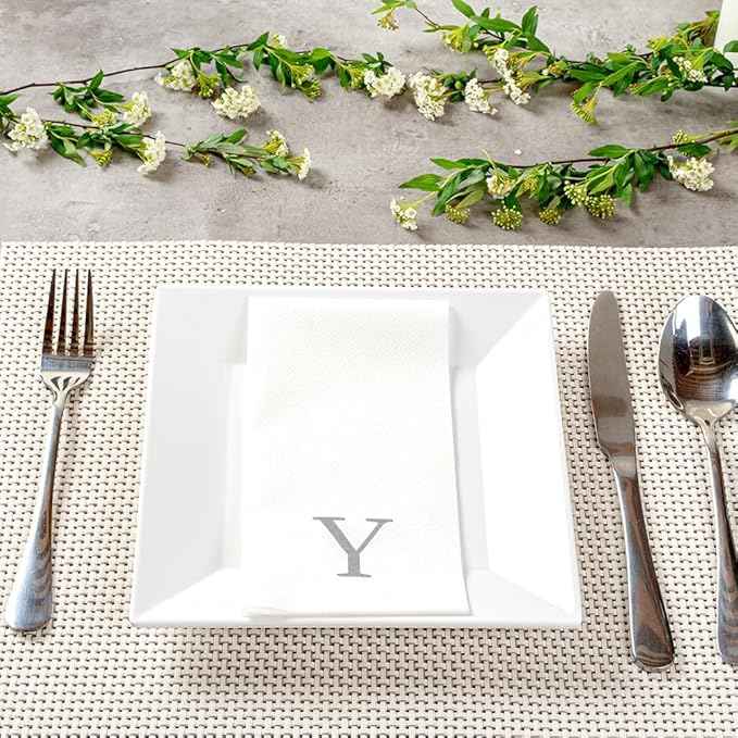 Luxenap 15.8 X 7.9 Inch Linen-Feel Guest Towels, 2000 Lettered Hand Towels - Silver Letter 'Y', Sans Serif Font, White Paper Dinner Napkins, airlaid, For Restrooms And Tables - Restaurantware