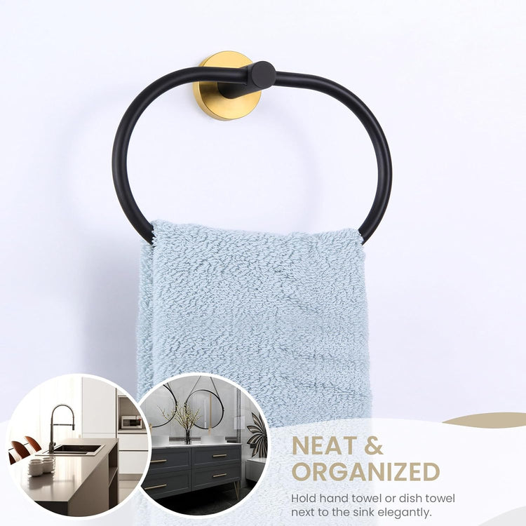 Suyar Towel Ring, Stainless Steel Hand Towel Holder for Bathroom Wall, Oval Shape, Gold and Black