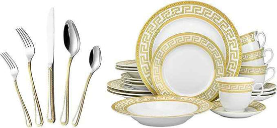 HOMEHUT 120-Pieces Vintage Gold Dinnerware and 18/10 Premium Stainless Steel Silverware Flatware Set - Greek Key Gold HQ Fine China Tableware Service for 12 People